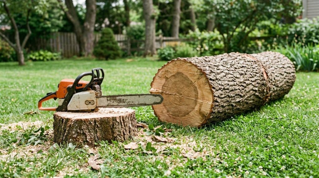 Chainsaw on stump beside cut log in backyard.