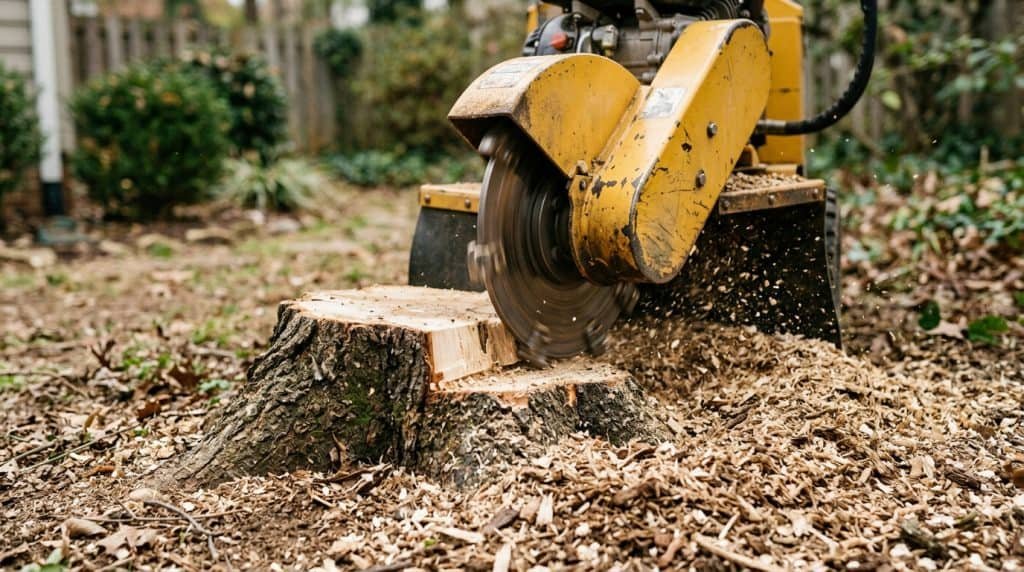 Stump grinder removing tree stump.