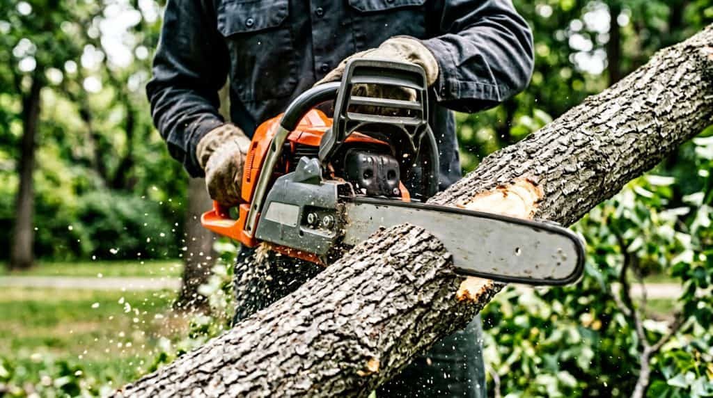 Professional tree cutting with chainsaw in a lush green park.