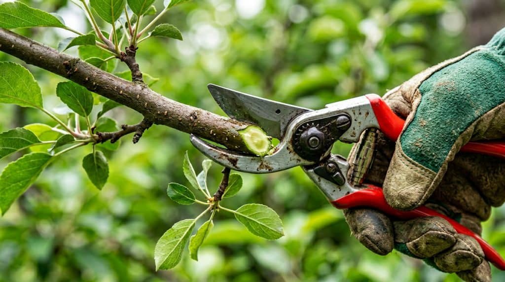 Pruning shears cutting tree branch