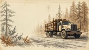 Red logging truck loaded with stacked logs on forest road