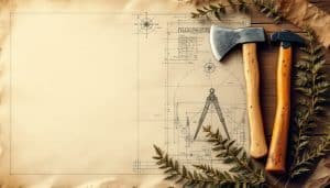 Camping axe and hatchet side by side on weathered wood surface