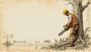Arborist wearing orange chainsaw pants while cutting tree trunk at ground level