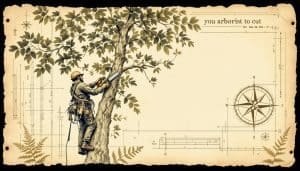 Certified arborist in climbing harness pruning a large oak tree branch with a chainsaw