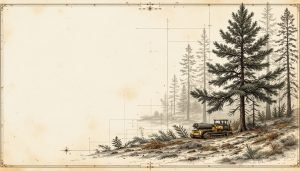 Tracked harvester with processing head felling pine tree in forest
