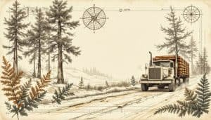 Loaded logging truck on a forest road with stacked green hardwood logs secured with chains