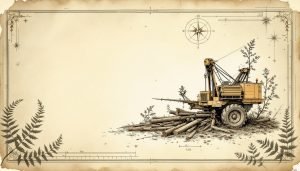 Heavy logging equipment with cutting head attachment working in forest