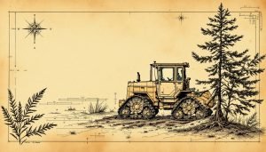 Tracked feller buncher machine cutting pine tree with hydraulic saw attachment