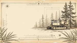 Large tracked feller buncher machine gripping and cutting a tall pine tree in a forest clearing