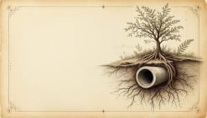 Tree roots growing into cracked sewer pipe underground
