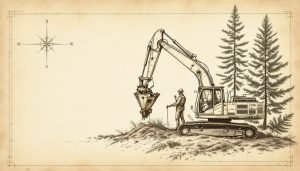Felling head attachment on excavator boom cutting pine stand