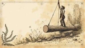 Tree climber lowering log with ropes between two houses