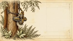 Feller-buncher machine gripping a pine tree trunk in a dense forest stand during timber harvest