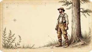 Arborist in full chainsaw protective workwear taking a wide felling stance beside a large pine tree