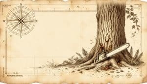 Chainsaw cutting horizontal notch into large oak tree trunk during daylight
