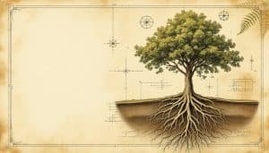 Cross-section diagram showing lateral and taproot tree root systems spreading beneath a mature canopy