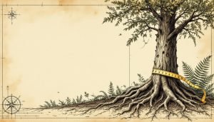 Tree roots exposed near building foundation showing measurement markings