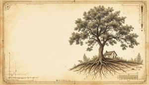 Silver maple tree growing next to house foundation with visible root system