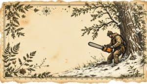 Professional lumberjack felling a large hardwood tree in a snow-covered winter forest
