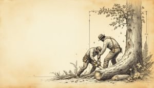 Two-person crosscut saw cutting through large tree trunk in forest setting