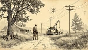 Professional arborist operating crane to remove large tree near house and power lines