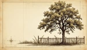 Large oak tree trunk crossing property line between two houses