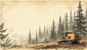 Large tracked feller buncher cutting a pine tree in a dense softwood plantation harvest