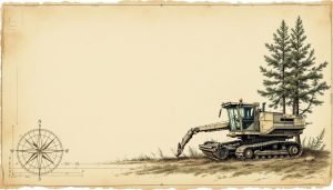 Large tracked harvester machine processing a pine tree in a managed forest stand