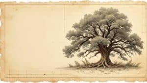 Storm-damaged oak tree with split trunk and hanging branches