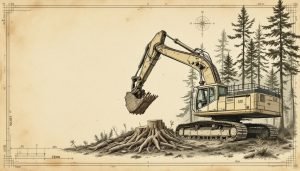 Tracked feller-buncher cutting a large pine tree at the stump in a forest clearing operation