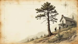Arborist assessing a large dead pine tree on a steep western hillside near structures