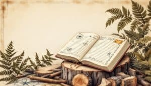 Open logging logbook on a tree stump beside a chainsaw and felling equipment at a work site