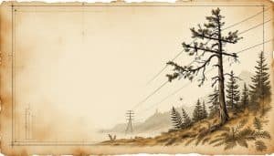 Dead pine tree leaning toward power lines with brown needles