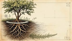Cross-section view of tree roots growing through and blocking an underground drain pipe