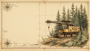 Tracked feller buncher machine cutting and gathering pine trees in forest clearing operation