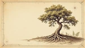 Mature oak tree leaning at 20 degree angle with visible root plate lifting from ground