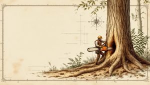 Arborist making a directional notch cut at the base of a large tree trunk to control felling direction