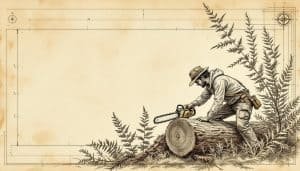 Chainsaw cutting notch in large tree trunk during felling process