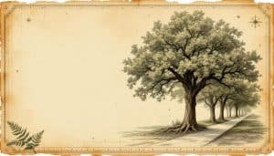 Mature street trees lining urban sidewalk with visible root flares at ground level