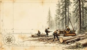 Logging crew operating chainsaw and heavy equipment to fell and process timber in forest
