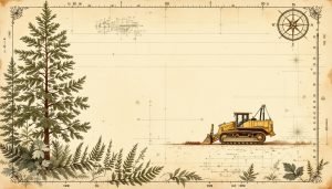 Large excavator feller buncher machine gripping and cutting a tree trunk at a forest clearing site