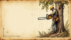 Chainsaw operator making notch cut on large tree with safety gear visible