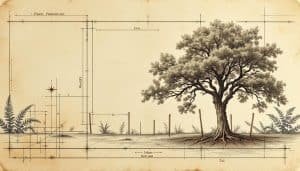 Construction site with plywood barriers protecting large oak tree roots from equipment traffic