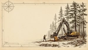 Feller buncher machine cutting a large pine tree next to a chainsaw on a logging site