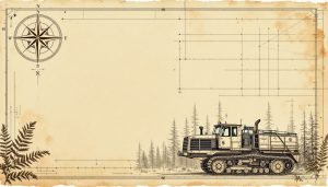 Large tracked feller buncher machine cutting trees in a dense forest stand during land clearing