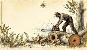 Man using chainsaw to fell large oak tree in open yard