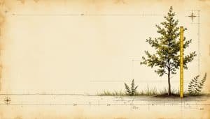 Young tree planted with measuring tape showing setback distance from property line fence