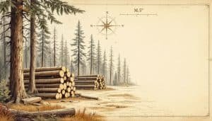 Stacked logs on forest landing with marked boundary trees in background