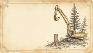 Large excavator with disc saw feller buncher attachment gripping a tree trunk at a forest clearing site