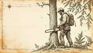 Professional arborist wearing safety gear operating chainsaw during tree felling operation